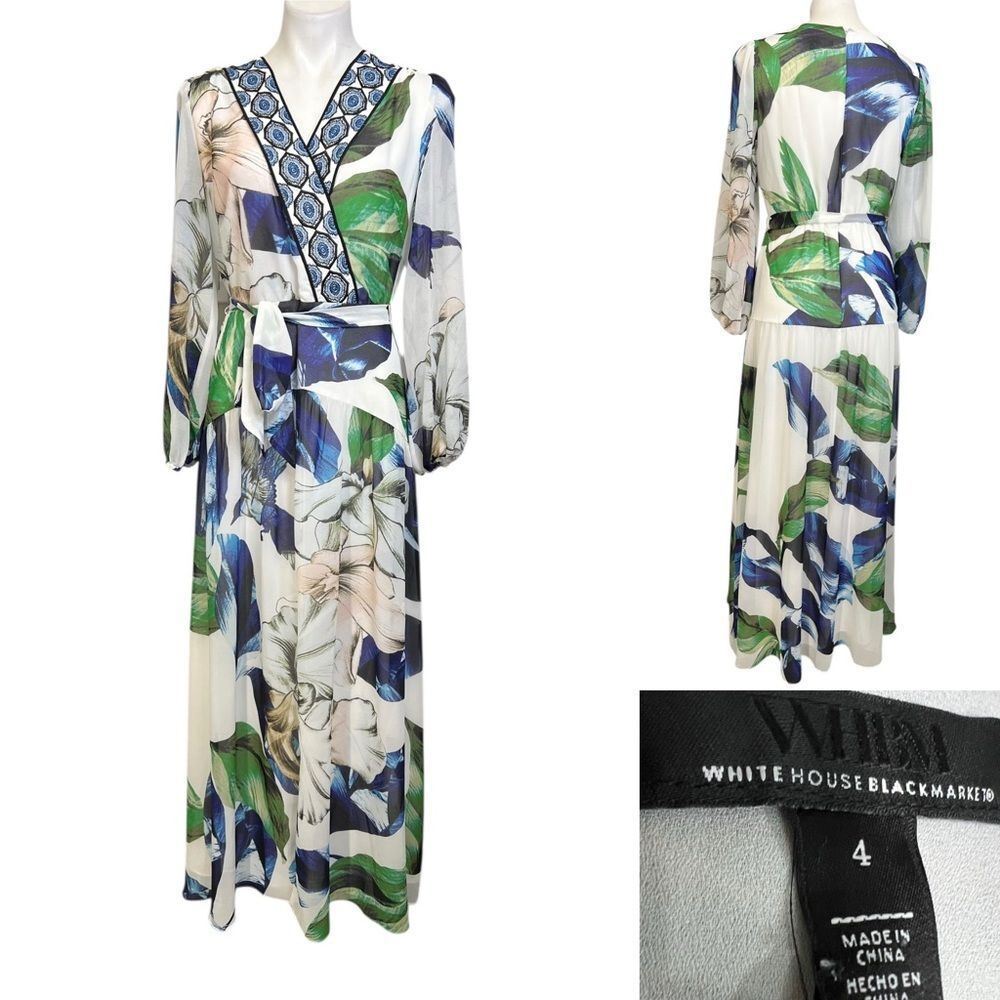 White House Black Market maxi dress size 4 blue white multicolor kimono style